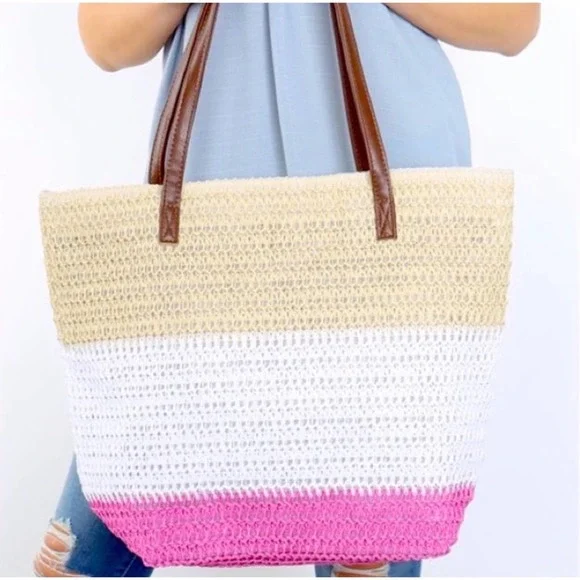 1 LEFT! Colorblock Raffia Crochet Summer Three Tone Tote Bag Brown Leather Strap - Picture 4 of 4
